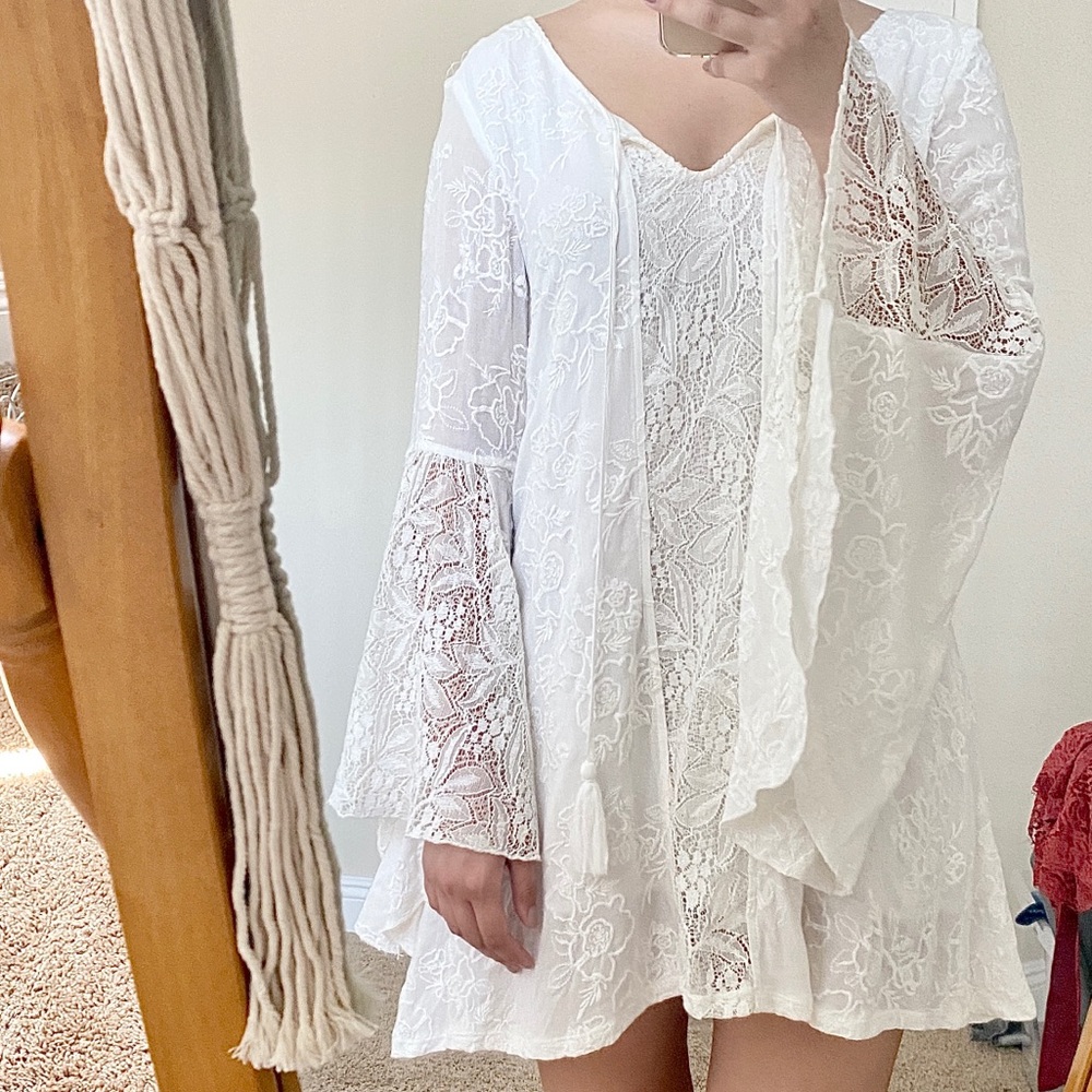 Boho Western White Lace Dress with  Bell Sleeves